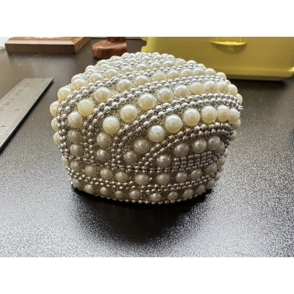 Pearl Beaded Heart Trinket Jewelry Box Faux Pearl Silver Tone Keepsake Box